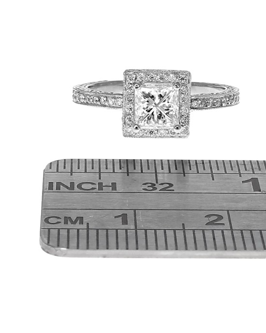 Diamond Square Halo Milgrain Accent Engagement Ring in Platinum